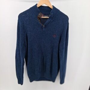 Chaps Mens Sweater Blue Button Mock Neck Sz M Elbow Patch Knit Dark Academia‎